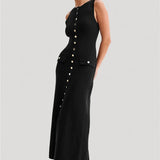 Knit Maxi Dress with Pockets Button-Front