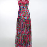 Strapless Retro Print Split Long Dress