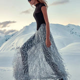 Black Fishbone Top Sequin Mesh Long Skirt Set