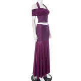 Purple Mesh Two-Piece Set with Sheer Halter Top and Long Skirt