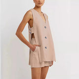 Cotton V Neck Buttons Solid Vest and Shorts Suits