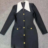 Lapel Buttons Black White Patchwork Mini Dress