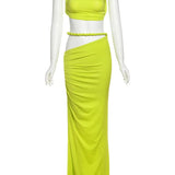 Green Oblique Shoulder Top Thigh High Split Long Skirt Set