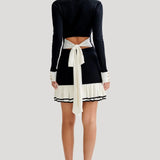 Ruffled Contrast Bow Open Back Lace-Up Knit Mini Dress