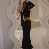 3D Floral-applique Long Sleeve Skirt Suit
