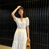Women Cotton Patchwork Lace Dresses V-Neck Lantern Sleeve Maxi Dress