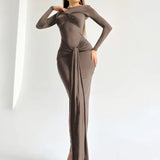 Long Sleeve Pleated Draped Maxi Dress