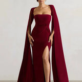 Elegant Cape Sleeve Maxi Dress with High Split