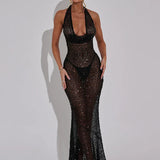 Halter Neck Backless Glitter Long Dress