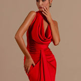 Swinging Collar Backless Pleated Red Stain Maxi Dress