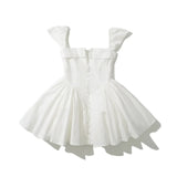 White Slit V Collar Short Sleeve Corset Style Mini Dress