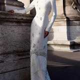 White Beads Diamond Long Sleeve Maxi Dress