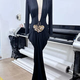 Deep V Neck Long Sleeves Black Maxi Dress  Party Gown