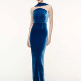 Blue Velvet Halter Sleeveless Maxi Dress