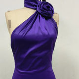 Purple Satin Halter Neck 3D Flower Scarf Maxi Dress