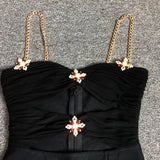 Black Metal Cross Brooch Design Strap Bandage Slit Midi Dress