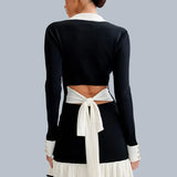 Ruffled Contrast Bow Open Back Lace-Up Knit Mini Dress