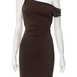 Beaded Asymmetric Slant Neck Mini Dress