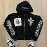 Embroidered Cross Zip Up Hoodie