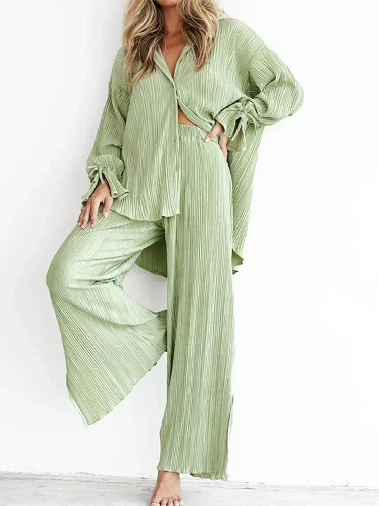 2 Piece Set Blouse Tops and Split Wide Leg Pants