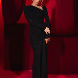 Long Sleeve Ruched Maxi Dress with Thigh-High Split