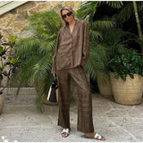 Long Sleeved Silk Geometric Shirt High Waist Pant Set