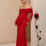 3D Flower-appliqué Mesh Long Sleeve Fishtail Maxi Dress