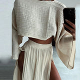 Linen Flare Sleeve Top & Slit Skirt Set