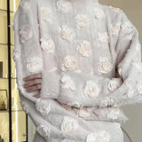 Knitting 3D Flower Lantern Sleeve Top and Long Skirt Suit