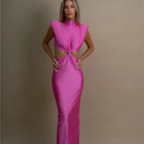 Hollow Out Turtleneck Solid Maxi Dress