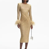 Long Sleeve Feathers Rhinestone Midi Dress