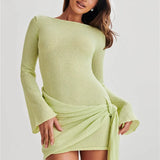 Floral Draped Open Back Knit Long Sleeve Mini Dress