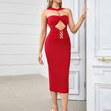 Red Metal Strapless Design Bodycon Midi Dress