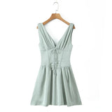 Stain Pleated Ruched Strap Bow Folds Hem Mini Dress