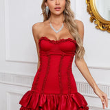 Red Ruffles Strapless Mini Dress