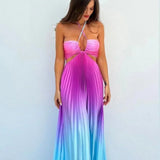 Satin Gradient Pleated Sleeveless Maxi Dress