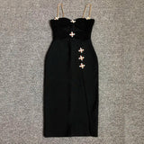 Black Metal Cross Brooch Design Strap Bandage Slit Midi Dress