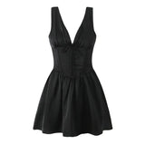 Stain Pleated Ruched Strap Bow Folds Hem Mini Dress