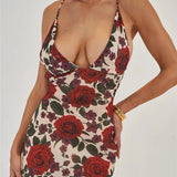 Red Floral Maxi Dress with Cowl Neck & Tie Back