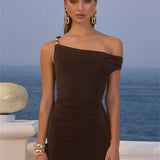 Beaded Asymmetric Slant Neck Mini Dress