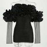 Black Mesh Full Sleeve Ruffles Mini Dress
