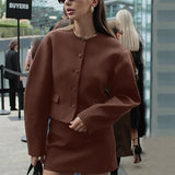 Round Neck Long Sleeve Jacket Mini Skirt Suit