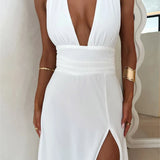 Halter Deep V Neck High Split Maxi Dress For Women