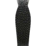 Black Strapless Pearls Beaded Embellished Maxi Dress