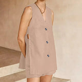 Cotton V Neck Buttons Solid Vest and Shorts Suits