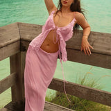 Mesh Irregular Ruffles Backless Tops and Long Skirts Suits