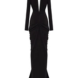 Deep V Neck Long Sleeves Black Maxi Dress  Party Gown