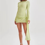 Floral Draped Open Back Knit Long Sleeve Mini Dress