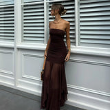 Brown Off-shoulder Strapless Long Dress