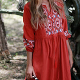 Cotton Linen Embroidery A Neck Ruffle Sleeve Boho Dress